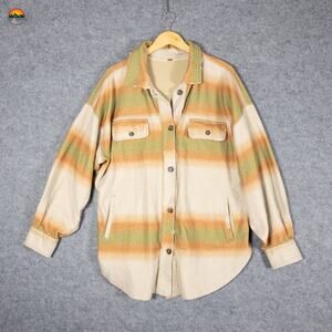 Free People Button Front Shacket Beige Green Ombre Stripes Cottage Women's Sz XL
